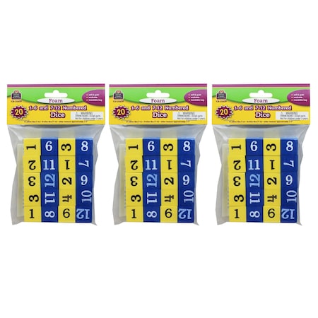 TEACHER CREATED RESOURCES Foam Numbered Dice (Numerals 1-12), 20 Pieces, PK3 TCR20609